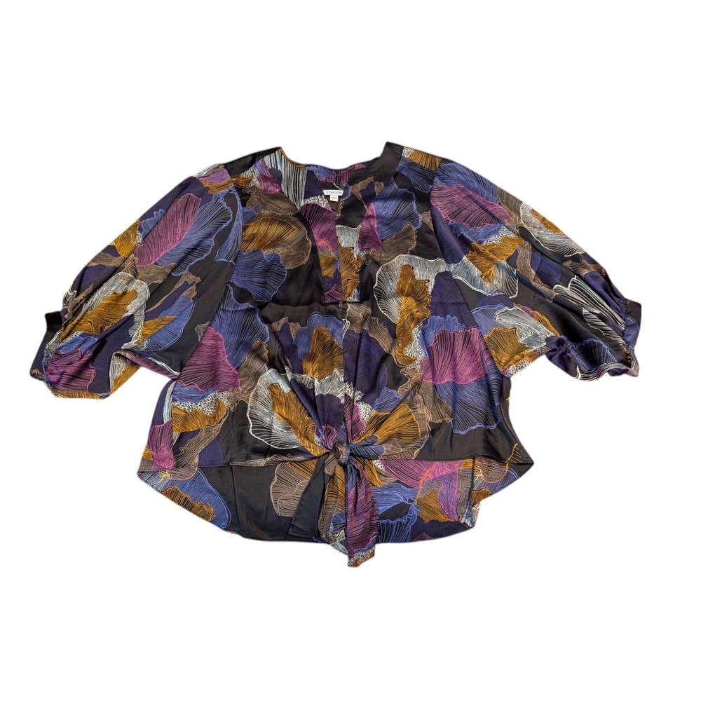 Chicos Satin Top Dolman Balloon Sleeve V-Neck Purple Tie Front Size 2 US14 Boho